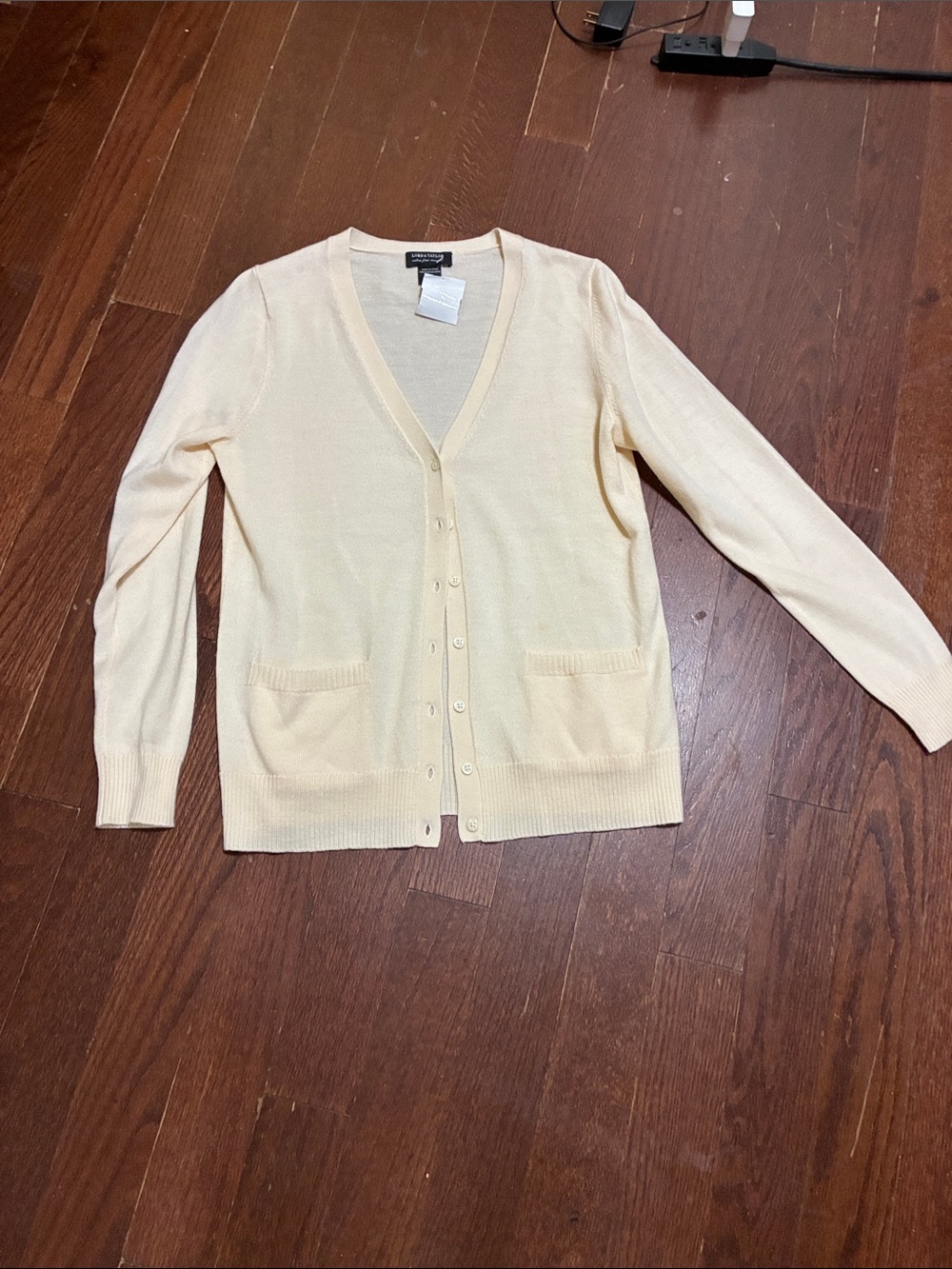 Lord & Taylor Cream V-Neck Button Front Cardigan